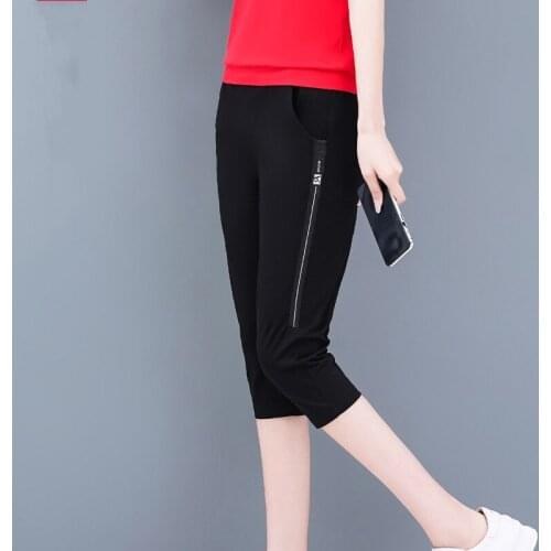 Casual Capri Pants Women Summer Black Sports Cropped Pants Elastic Loose Female Calf Length Trousers