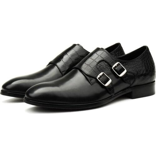 Large Size EUR45 Double Buckle Black Mens Casual Business Shoes Genuine Leather Wedding Dress Shoes