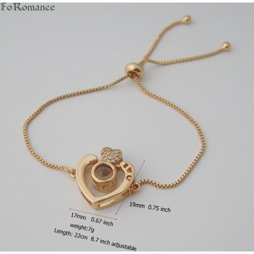 FoRomance LADY 8.7 inch ADJUSTABLE - GOLD GP HEART SHAPE STONES I LOVE YOU IN 100 ONE HUNDREDS LANGUAGES IN THE BEAD BRACELET
