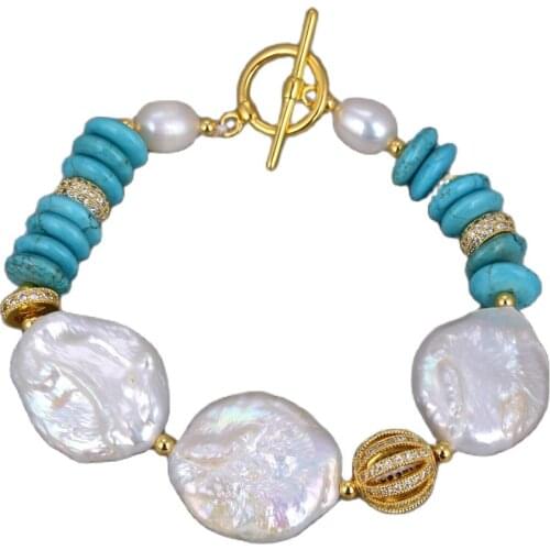 GG Jewelry 8" Natural Freshwater White Keshi Rice Coin Pearl Blue Turquoises CZ Bracelet For Women