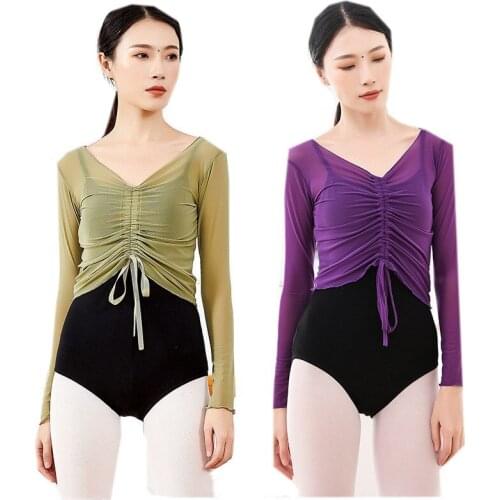 Chinese Dance Wear Women Transparent Mesh Shirt Long Sleeve Classical Dance Modern Dancer Practice Blouse Draw String Red 2XL
