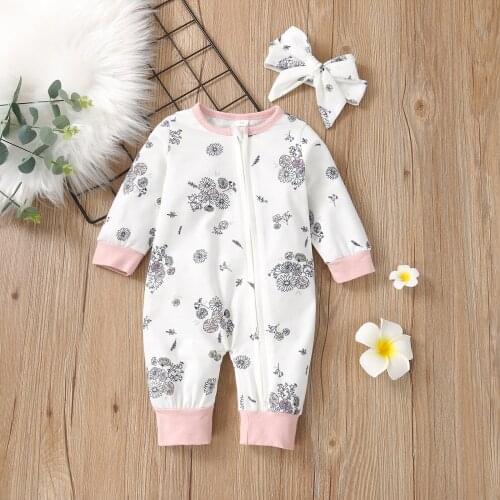 0-18M Newborn Romper Baby Girls Spring Autumn Clothes Cotton Long Sleeve Zipper Floral Printed Romper Jumpsuit Headband Outfits