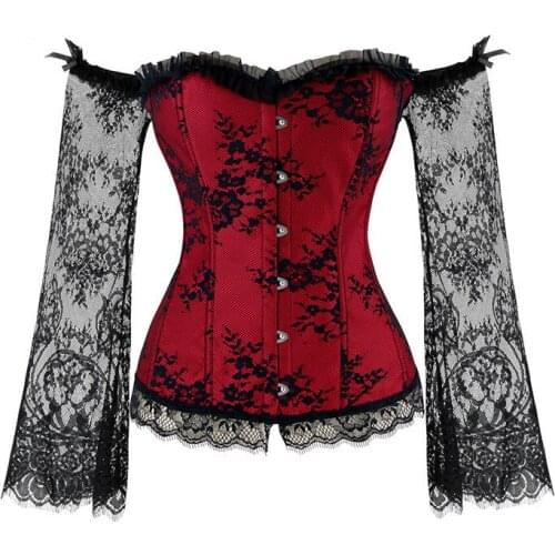Corset Top Bustier Lingerie Women Lace Long Sleeves Retro Court Floral Sexy Costume Plus Size Overbust Corset S-6XL