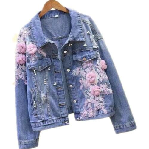 Spring Autumn Fashion Loose Cowboy Jacket Coat Women New Heavy Stereo Pink Flower Embroidered Hole Denim Jackets Tops A340