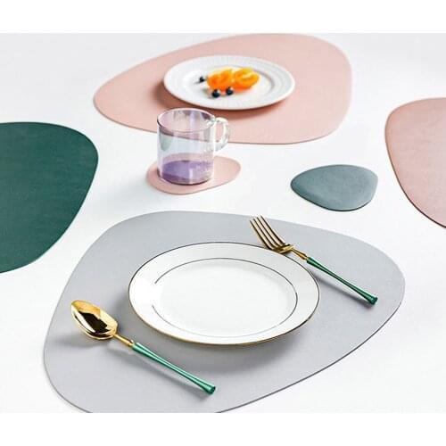 Table Mat PU Leather Waterproof Thermal Insulation Non-slip Placemat Fan Shaped Round Square Irregular Dishwashing Mat Coaster