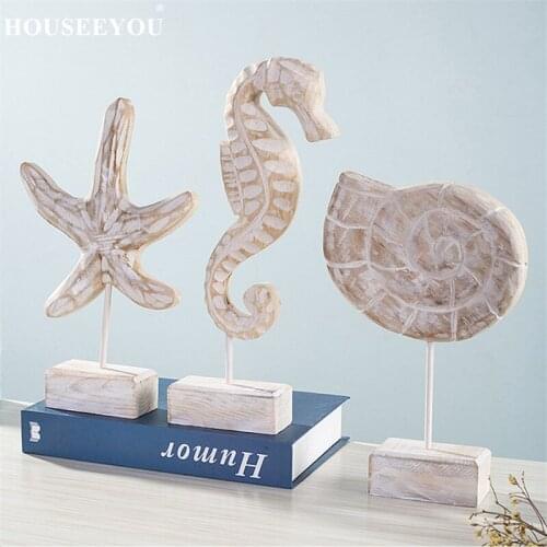 Newest Mediterranean Style Wood Crafts Starfish Conch Hippocampus Wooden Carving Marine Animal Home Office Table Decor Ornaments