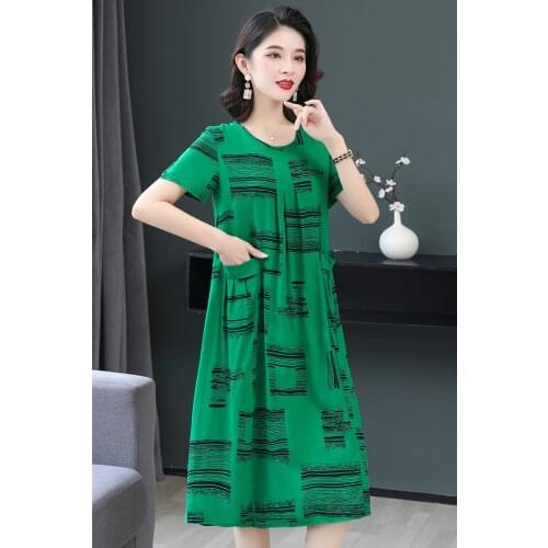 New Middle-Aged Elderly Womens Summer Cotton Silk O-Neck Dress Mothers Belly Was Thinner Plus Size Skirt