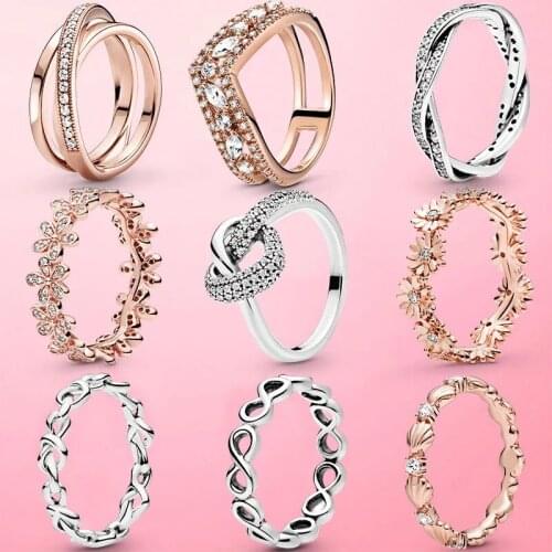 New Original 925 Sterling Silver & Rose Gold Color Daisy Flower Ring 2021 women DIY fine Jewelry Valentines Day Gifts Hot Sale