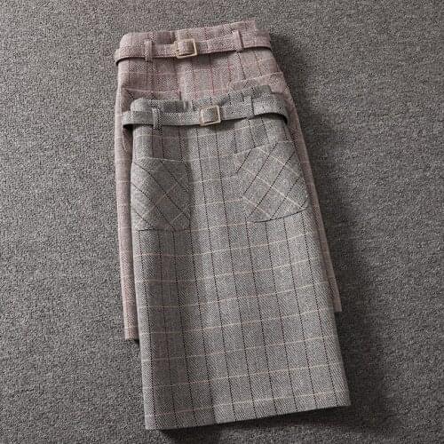 Autumn winter plaid striped woolen skirt women high waist a-line skirt knee length
