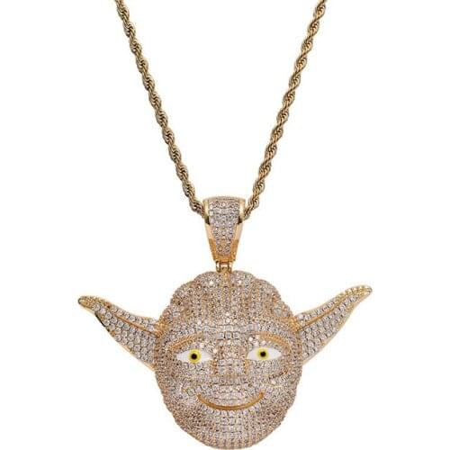 Full Cubic Zircon Yoda Pendant Necklace Hip Hop Party Jewelry Bling Bling Ice Out Designer Necklace With Rope Chain For Men