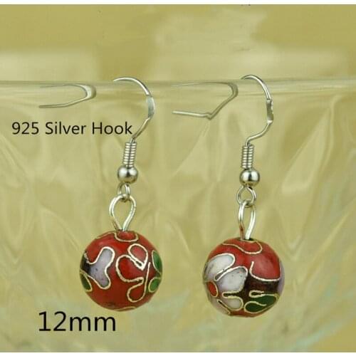Colorful Polished Enamel Filigree 12mm Beaded Drop Earrings 925 Silver Ear Hook Cloisonne Eardrop Jewelry Dangle Accessories