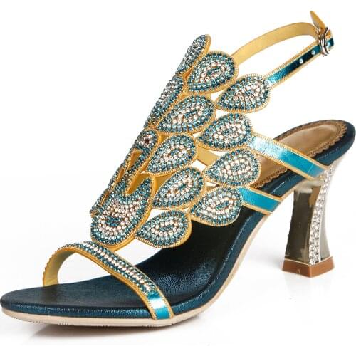 Women Sandals Women Rhinestone Peacock Patterned Sandals with Chunky Heel Open Toe Shoes Bohemia high Heel Shoes