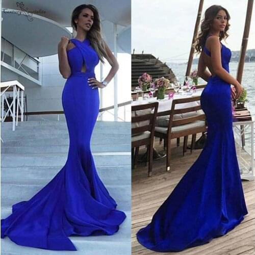 Backless Sexy Mermaid Evening Dresses 2020 Sweep Train Satin Formal Evening Gowns Prom Party Dresses Vestidos De Festa Cheap