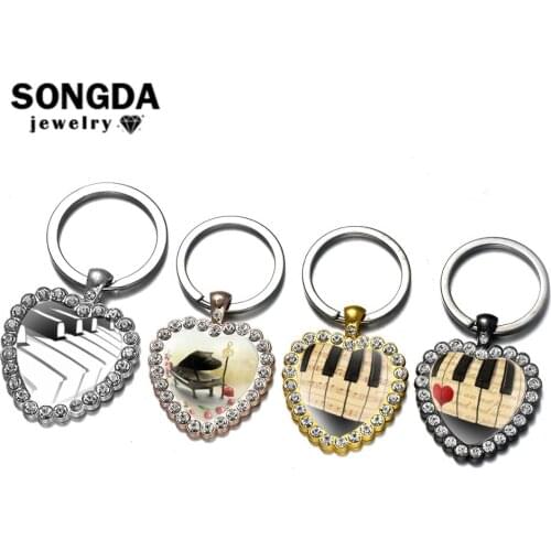 SONGDA Simple Musical Piano Charm Keychain Glass Dome Art Photo Heart Metal Key Chain Music Note Key Ring Piano Enthusiast Gift