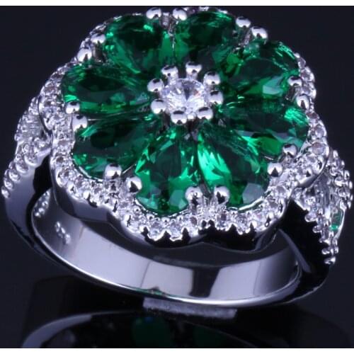 Classy Flower Green Cubic Zirconia White CZ Silver Plated Ring V0093