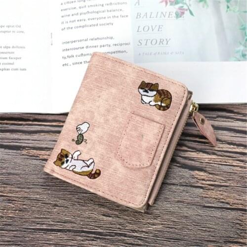 Women Short Embroidery Cartoon Cat Wallets Female Zipper Solid Color Coin Purses Ladies Hasp Cards Holder Mini Clutch Money Clip