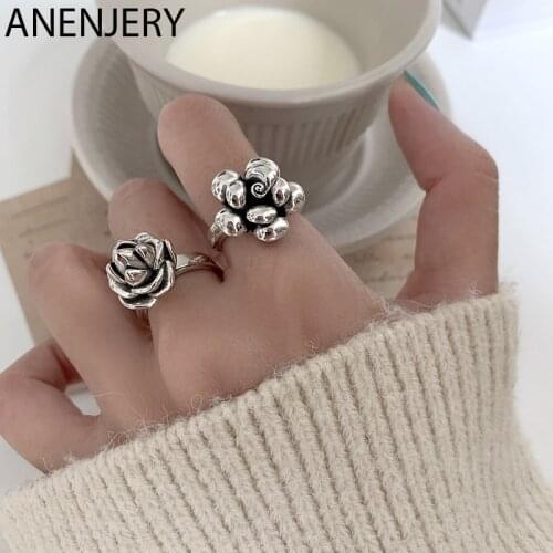 ANENJERY 925 Sterling Silver Rose Flower Rings for Women Retro Handmade Jewelry Gifts Open Ring S-R988