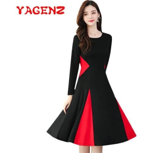 YAGENZ Spring Autumn Dresses For Women Vestidos De Mulher Long sleeve Plus Size Woman Dress Red black Patchwork Mini Dress 820