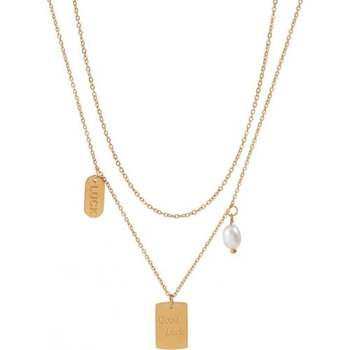 316L Stainless Steel Fashion Upscale Jewelry 2 Layer Carving Good Luck Pearl Charms Chain Choker Necklaces & Pendants For Women