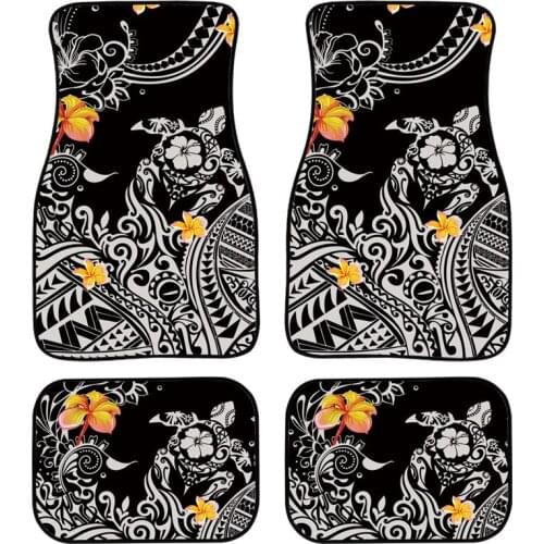 3D Hawaiian Sea Turtle Pattern Durable Front&Back Rubber Floor Mats Plumeria Design for Car Accessories Car Mat 4Pcs/Set Black