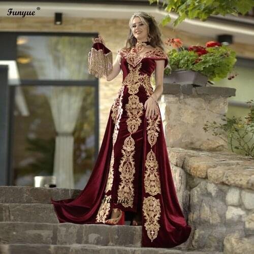 Burgundy Formal Evening Dresses 2021 Detachable Skirt Appliques Caftan Marocain Robes De Soirée Velvet Women Prom Party Gowns