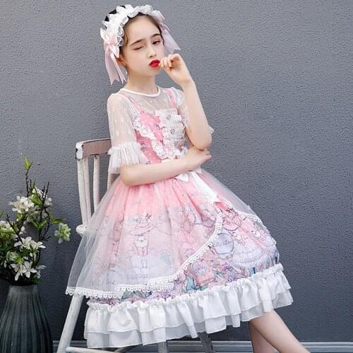 Kids Girls Summer Kawaii Sweet Cute Princess Dresses Lolita Suspender Skirt Birthday Party Prom Skirt And Headband Lolita Suit