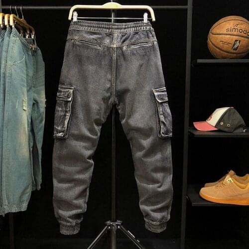 Autumn Winter Dark Gray Jeans Men Plus Size 4XL Pockets Elastic Waist Hip Hop Harem Pants Street Casual Denim Ankle-Length Pants