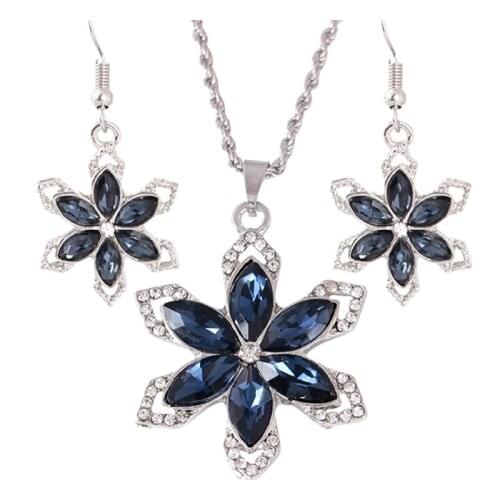 Women Fashion Flower Necklace Drop Earrings Jewelry Set Crystal Party Jewelry