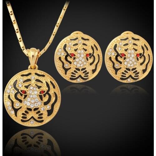 Kpop Classic Necklace Earrings Set Tiger Head Gold Color Austrian Rhinestone Fashion Jewelry Set Gift For Women Wholesale S262