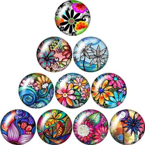 Beauty ColorfulPainting flower10pcs mixed 12mm/16mm/18mm/25mm Round photoglass cabochondemo flat backMaking findings ZB0987