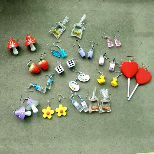 Creative Colorful Resin Cartoon Dice Flower Bear Mushroom Earrings for Women Girls Gift Cute Fish Duck Lollipop Dangles Ear Hook