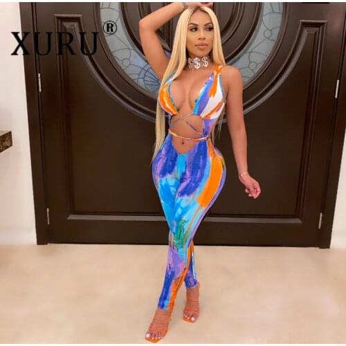XURU Summer Tight Tie-dye Wrap-chest Jumpsuit European and American Womens Sexy Jumpsuit Blue Sexy Hollow Jumpsuit