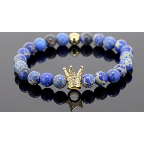 Men Accessories 2018 Pave White CZ Zirconia Crown Charm Blue Pattern Imperial Stone Bead Hand Chain Beaded Bracelet Jewelry Gift