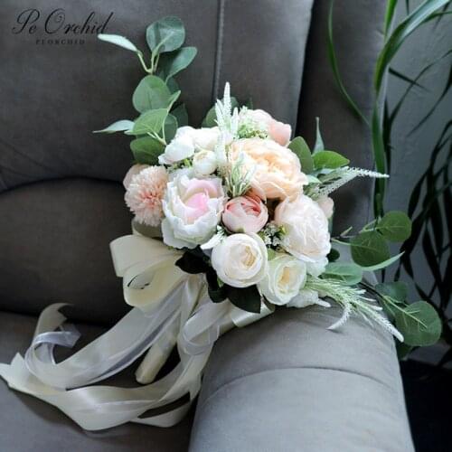 PEORCHID Champagne Pink Bridal Bouquet Silk flowers Bridesmaid Eucalyptus Peonies Artificial Bouquet Mariage Decoration