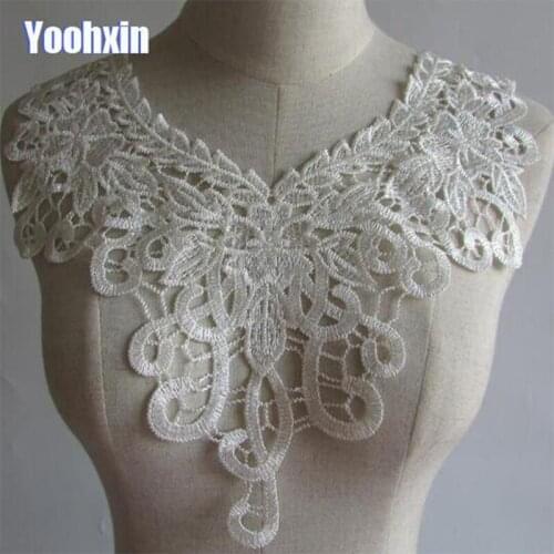Luxury white cotton 3D embroidery DIY flower lace collar Fabric Sewing Applique ribbon trim neckline guipure cloth wedding decor