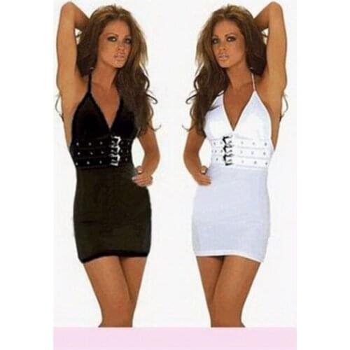 Sexy women braces black and white erotic spandex long tank top style babydoll lady short dress with belt pure color bodycon dres