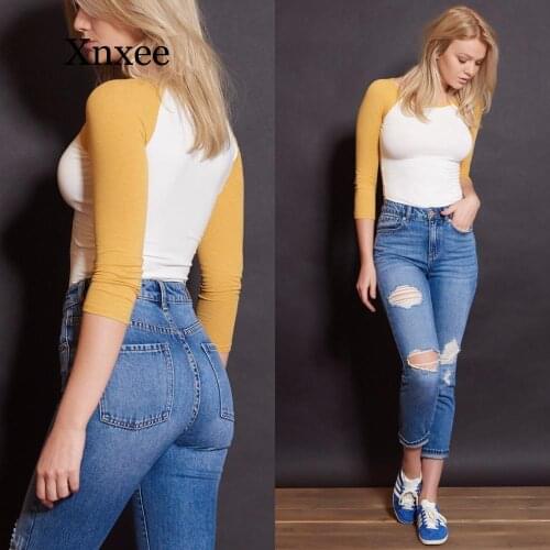 Light Blue Long Pants Denim Jeans Women Holes Europe Fashion Simple Hole Jeans Women Female High Waist Hole Slim Fit Hip Hole