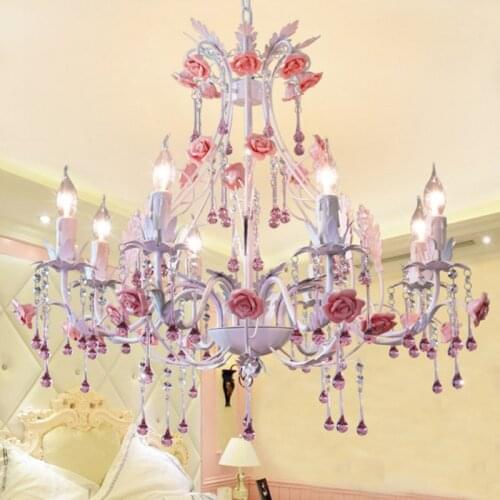Provence pink flower LED Chandelier crystal Candelabro for bedroom dining room Led wedding rose lighting Lustres de cristal