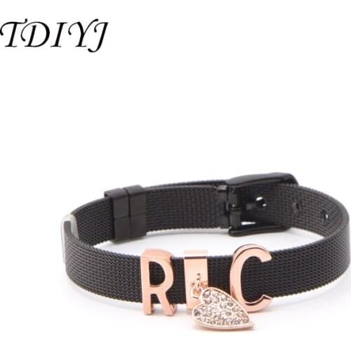 TDIYJ R C Heart Dangle Love Mesh Keeper DIY Slide Charms Keeper Personized Collection Black Stainless Steel Bracelet 1Pcs/lot
