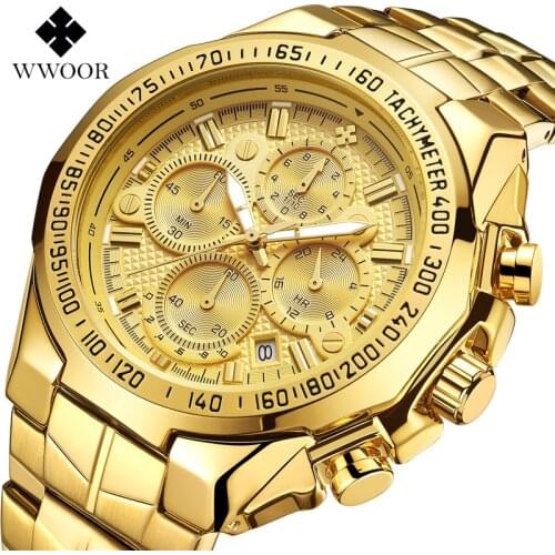 WWOOR Watches Men Top Brand Sport Chronograph Big Men Watch Luxury Gold Full Steel Quartz Wrist Watch Man 8868 Relogio Masculino