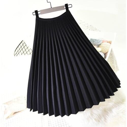 Women Pleated Black Skirt Autumn Winter Retro High Waist Chic Girls Dance Formal Skirts Long Female Elastic Waist Office Wear