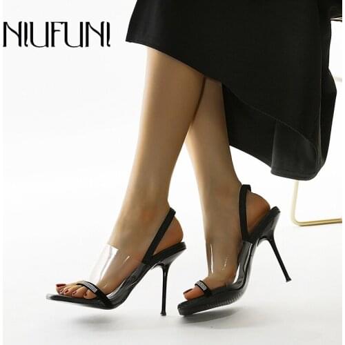 Women Sandals NIUFUNI Plus Size 35-42 Fashion Rhinestone Transparent High Heels Stiletto Clip Toe Square Clear Shoes For Women