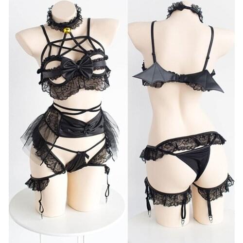 Womens Devil Cosplay Costumes Sexy Bandage Lingerie Set Japanese Lolita Anime Shouw Bikini with Wings Halloween Costumes