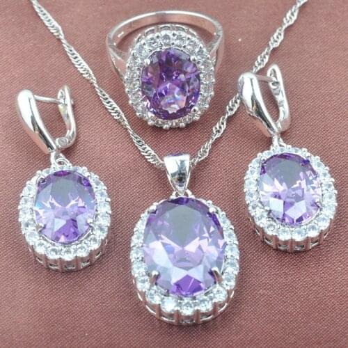 Classic Oval Purple Crystal White Zirconia Womens Wedding Silver Color Jewelry Sets Necklace Pendant Earrings Ring TZ0461