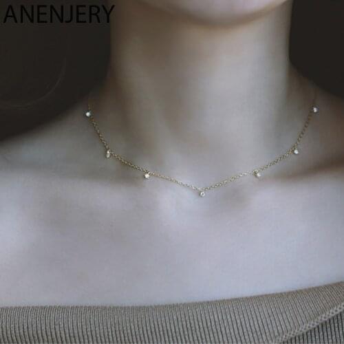 ANENJERY 925 Sterling Silver Bling Multi-Zircon Pendant Necklace for Women Simple Temperament Choker Korean Niche Accessories