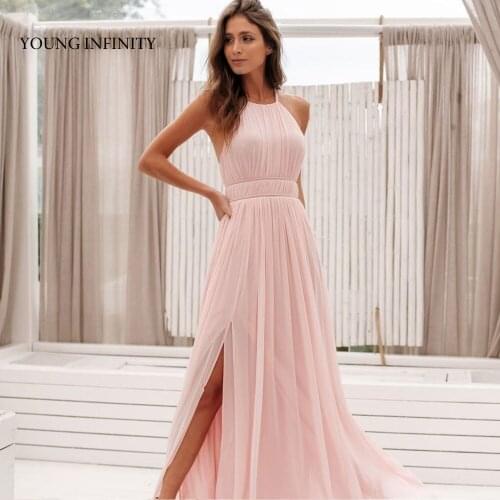 Hot Sale Pink Chiffon Prom Dress Halter Backless Sexy High Side Slit Long Elegant Evening Party Gown Pageant Custom Made