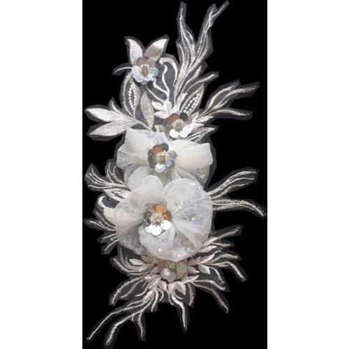 3pc/lot white Sequins 3D Flower Embroiderey Neckline Lace Applique Lace Collar Trim Dress Fabrics Material DIY Lace Patches