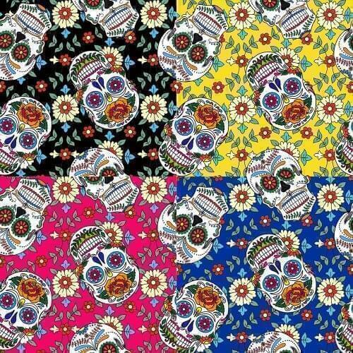 4pcs 50x50cm Punk Cool Halloween Flower Skull Printed Cotton Fabric Bundle DIY Sewing Patchwork