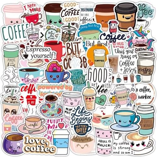 50PCS Cute Cartoon Coffee Stickers PVC For Girl Kawaii Waterproof Decal DIY Stationery Luggage Suitcase Laptop Guitar Sticker