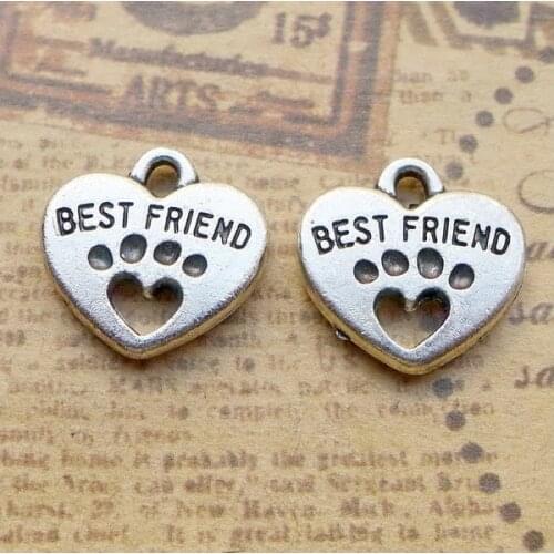 50pcs Wholesale BEST FRIEND Hollow Dog Paw Heart Charm Antique Silver Tone Vintage alloy Charms 15*15mm